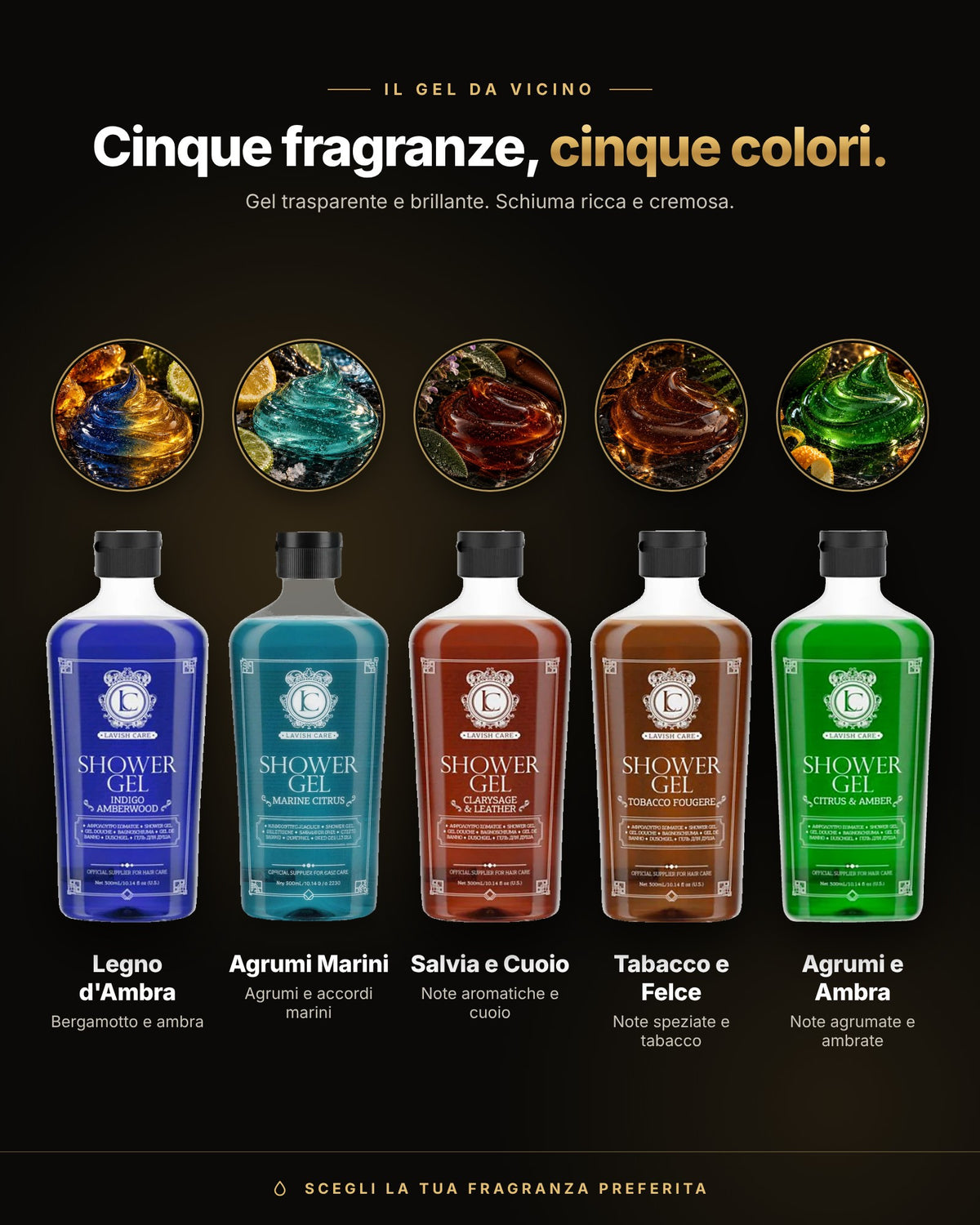 Le 5 fragranze dello Shower Gel Lavish Care con il dettaglio del gel di ogni colore