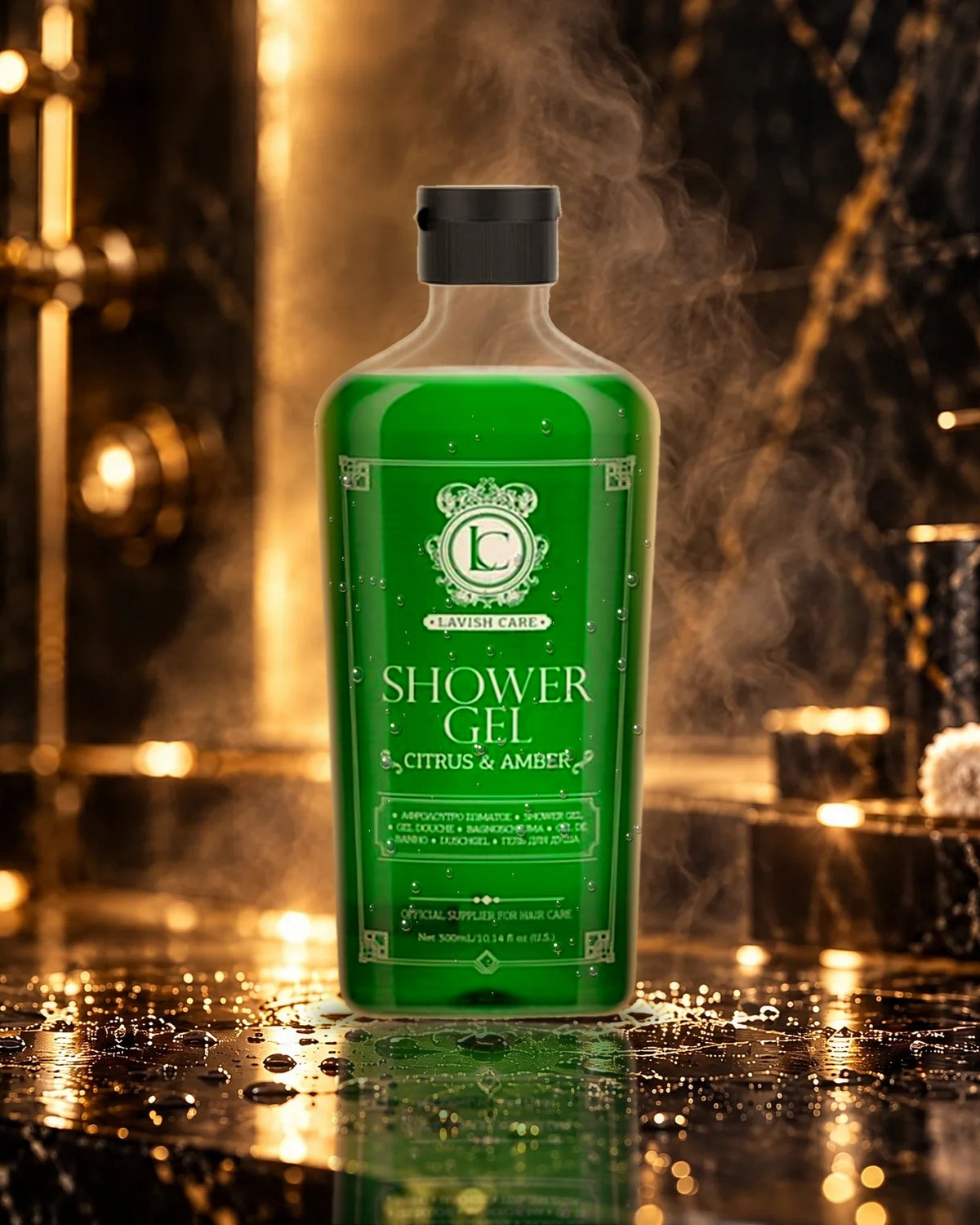 Shower Gel Lavish Care 300 ml Agrumi e Ambra su marmo nero in un bagno di lusso con luci dorate