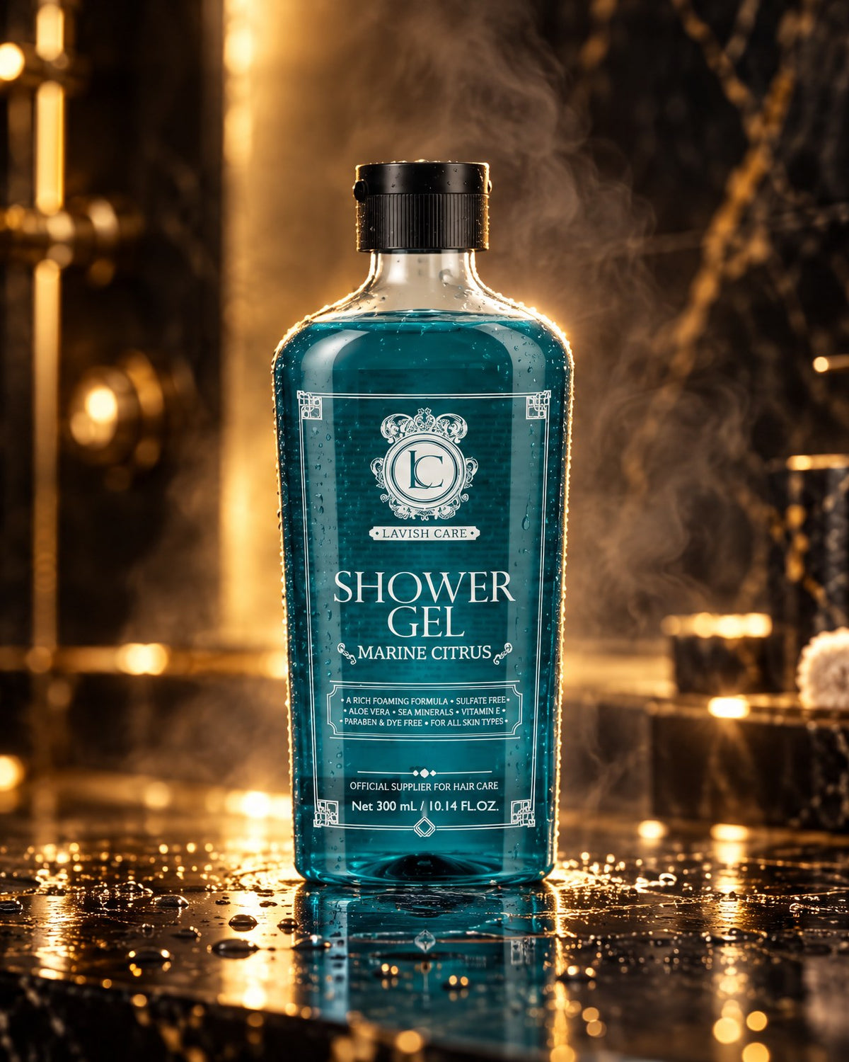 Shower Gel Lavish Care 300 ml su marmo nero in un bagno di lusso con luci dorate