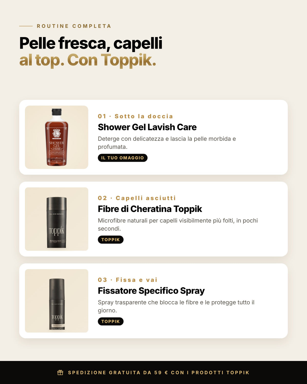 Routine completa: Shower Gel Lavish Care, Fibre di Cheratina Toppik e Fissatore Specifico Spray