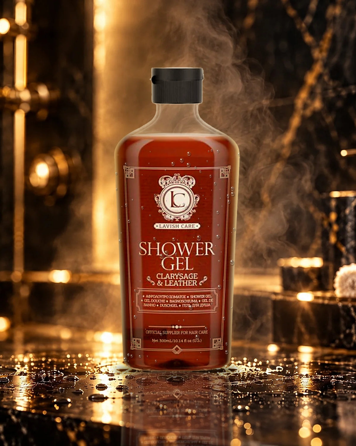 Shower Gel Lavish Care 300 ml Salvia e Cuoio su marmo nero in un bagno di lusso con luci dorate