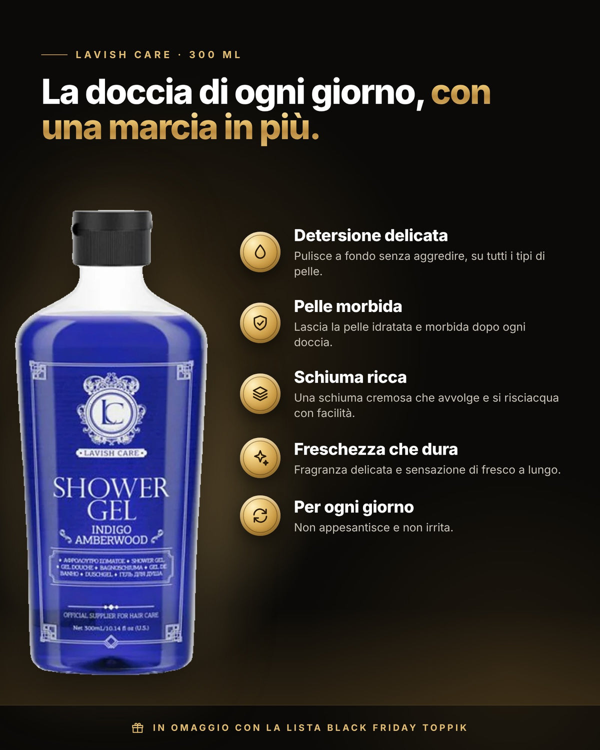 Vantaggi dello Shower Gel Lavish Care: detersione delicata, schiuma cremosa, profumo che dura